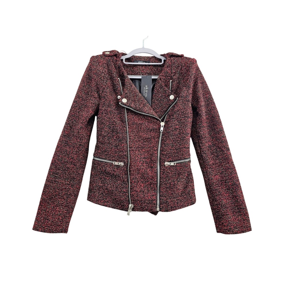 Anthropologie Ark & Co Tweed Moto Jacket Women S Metallic Gold Zip Biker Blazer